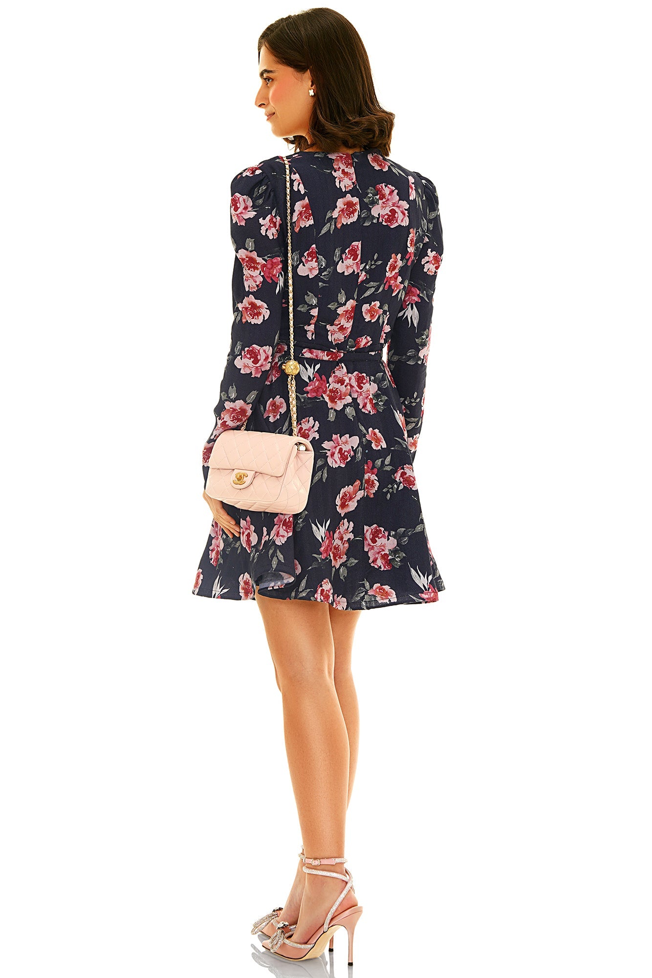 Elegant floral picnic dress by Pretty Pixie featuring long sleeves and a flared skirt