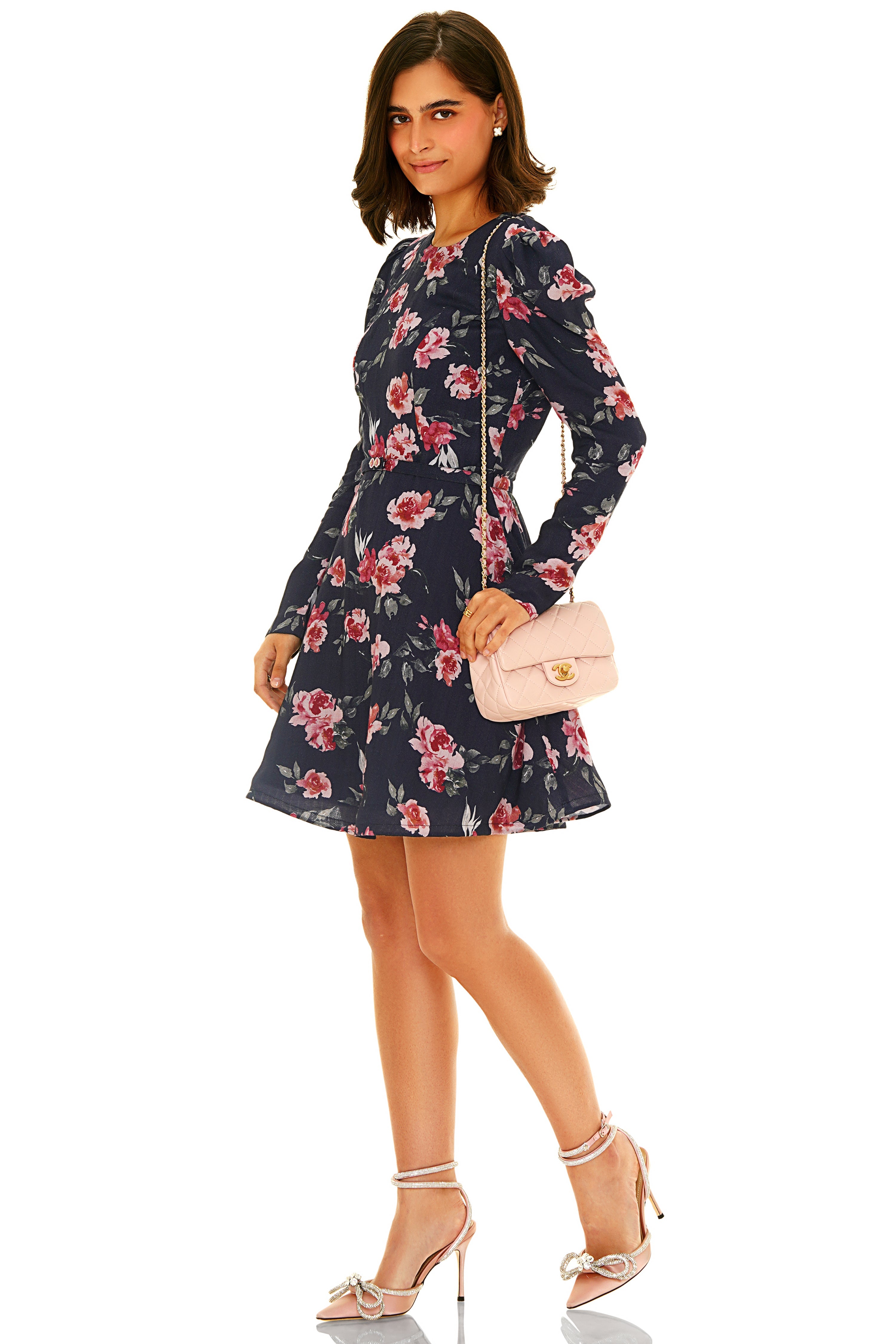 Pretty Pixie floral picnic dress in navy with pink floral pattern, perfect for casual outings