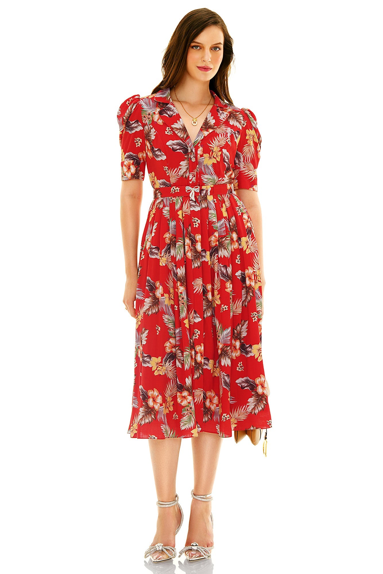 Pretty Pixie Floral Summer Dress Women in Red with Puff Sleeves and Button Details