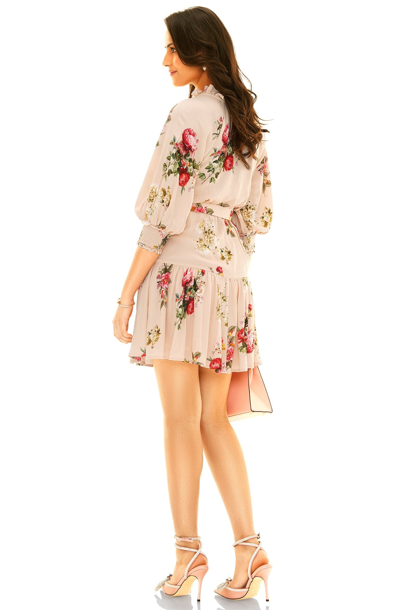 Pretty Pixie summer floral dress in soft pink with elegant floral prints and a pleated skirt design