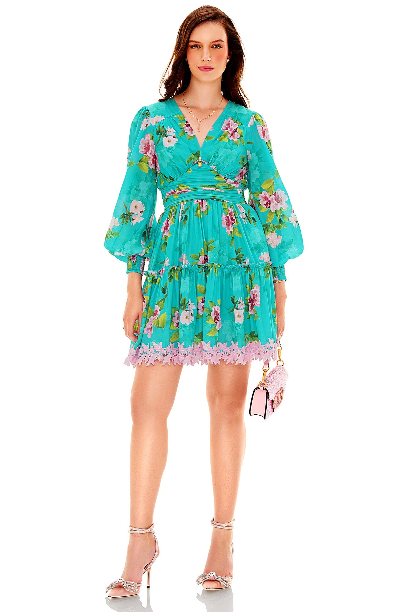 Pretty Pixie Women's Party Dress in teal with floral prints and ruffled hem for elegant occasions